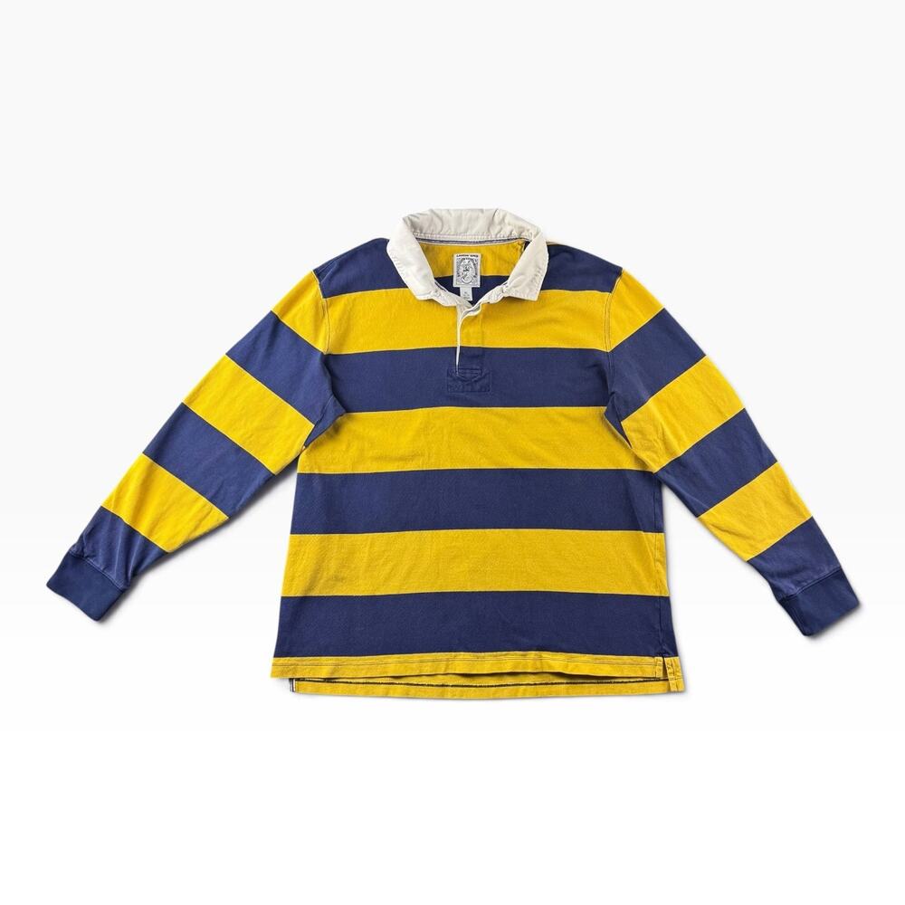 Lands End Rugby Shirt Mens XL Navy Yellow Striped Long Sleeve Heavy Cotton